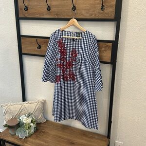 Chelsea & Theodore Dress- Navy gingham dress with red accents